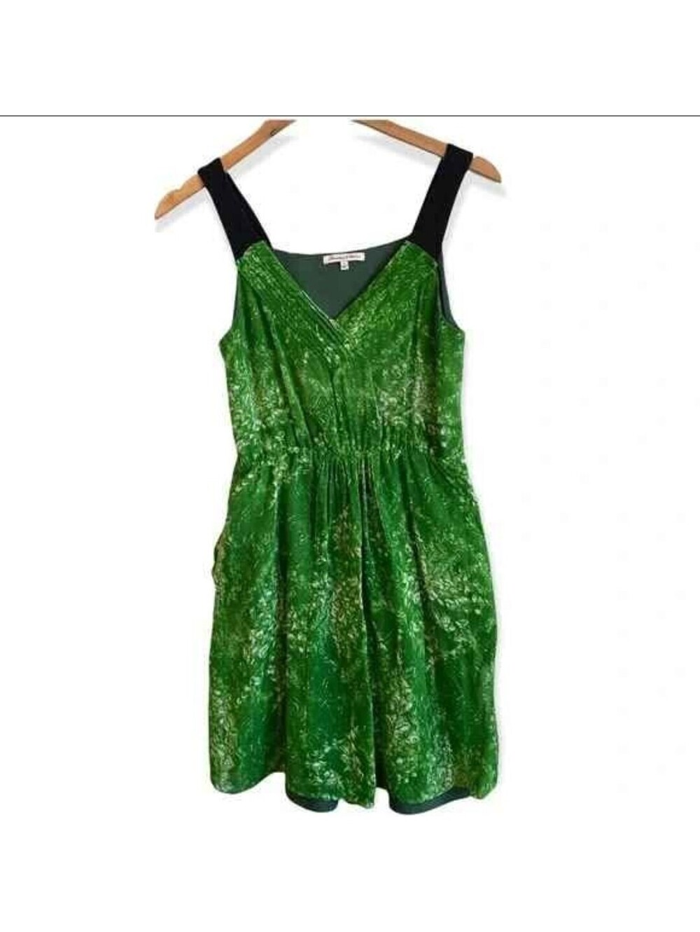 Broadway & Broome Green Abstract V-Neck A-Line Silk Dress Pockets Lined sz 2